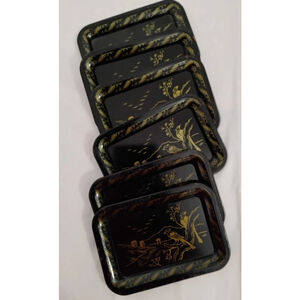 Set of 6 MCM Vintage Black and Gold Asian Style Snack Trays